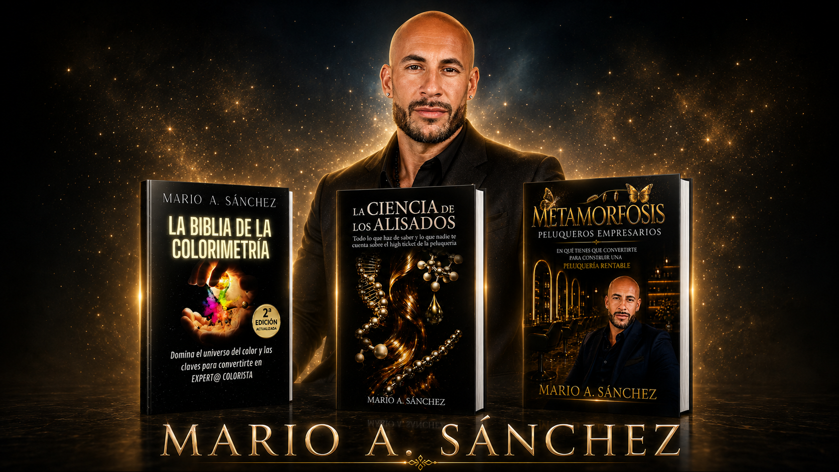 Mario A. Sánchez junto a sus tres libros: La Biblia de la Colorimetría, La Ciencia de los Alisados y Metamorfosis.