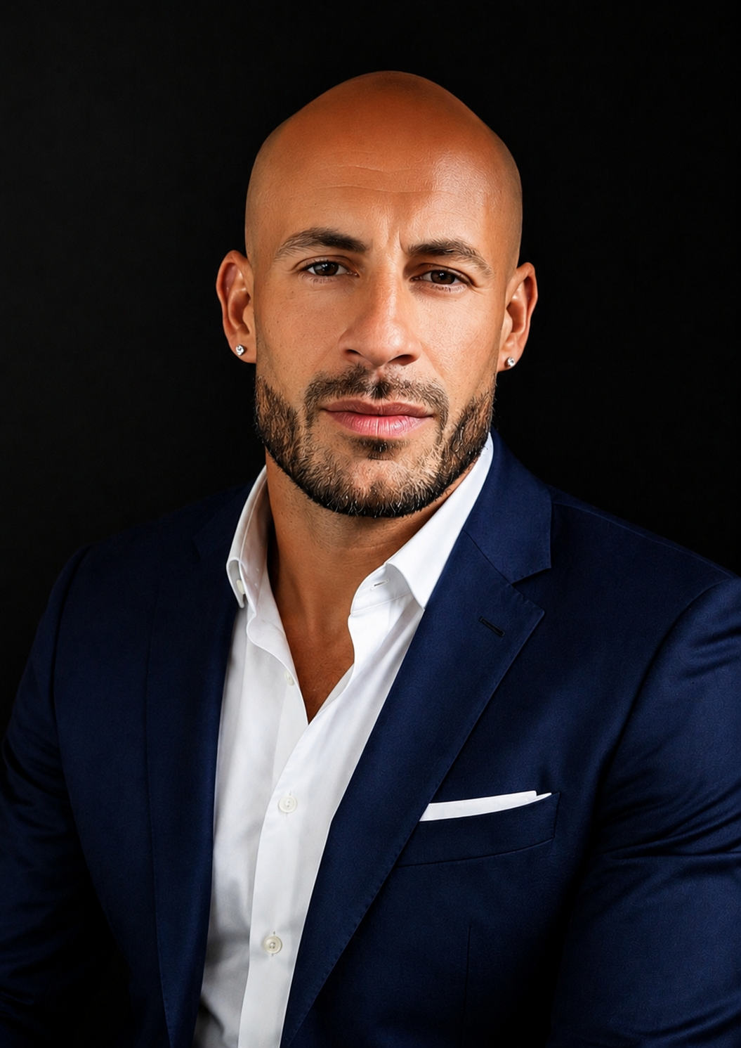 Retrato profesional de Mario Sánchez con traje azul sobre fondo negro.
